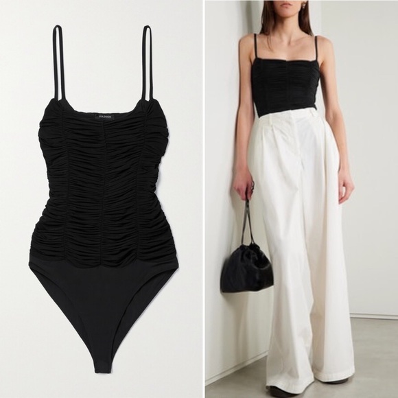 GoldsignThe Ezra Shirred Stretch-jersey Tank Bodysuit Black